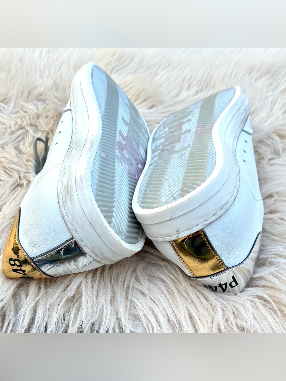 P448 Silver Gold EUC White Leather Sneakers Sz 39, 9 US - Picture 10 of 13